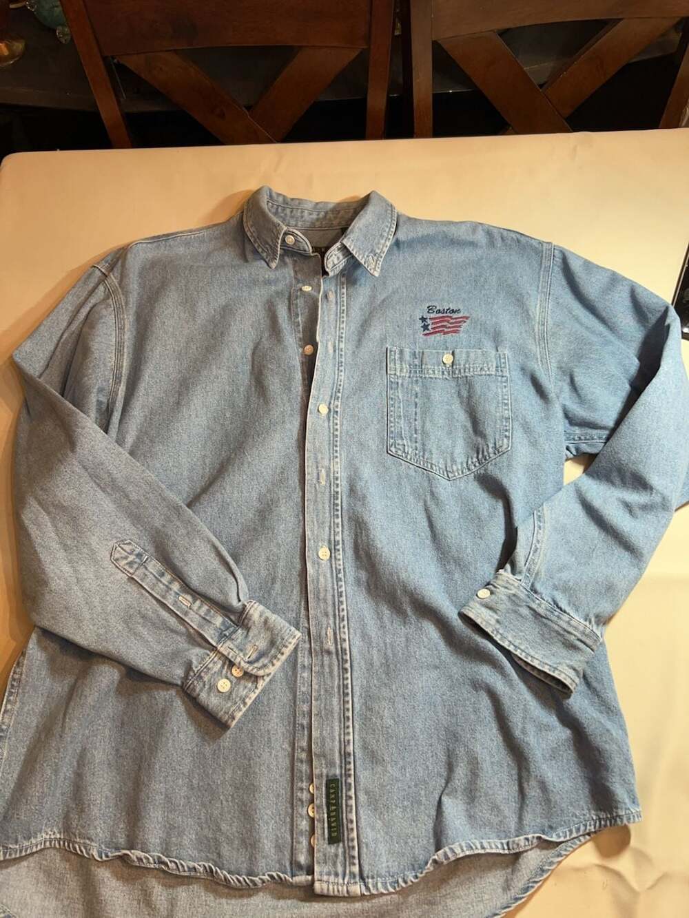 Camp David Vintage Boston Embroidered Denim Button Down Shirt Size Large